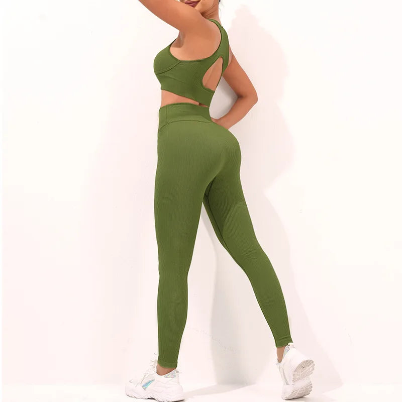 2024 New Design Ribbed Yoga Set Gym Fitness Bra Leggings Set Custom Logo Active Wear