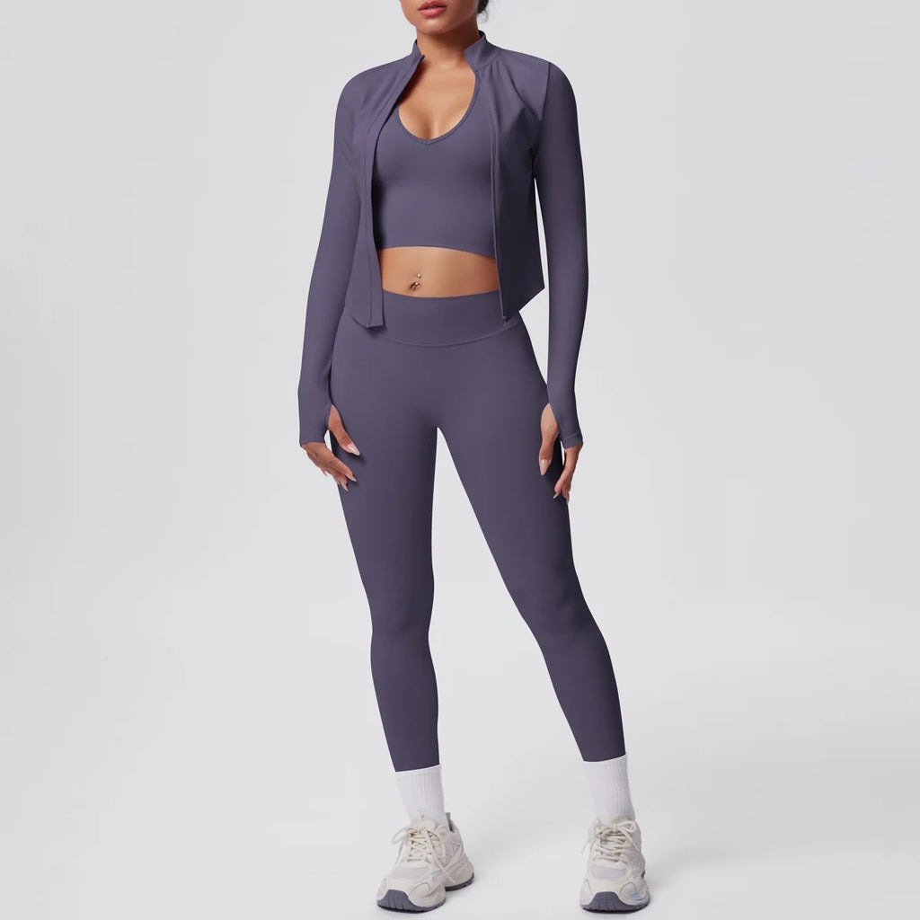 2026 Women's Seamless 3 Piece Yoga Set Breathable Quick Dry Tight Fit High Waist Full Zip up Workout Yoga Wear Gym Fitness Sets