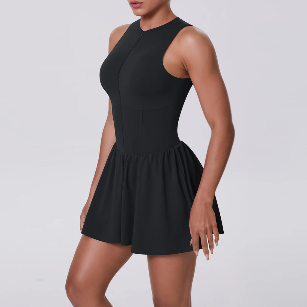 Women's High Quality Sleeveless Tennis Dress with Zippered Skirt Outdoor Running and Sliding Straps