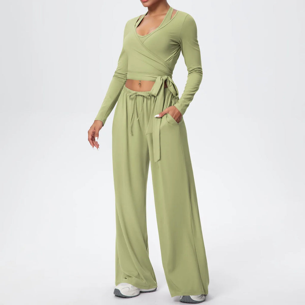 Women Yoga 3 Piece Set Halter Crop Top Wide Leg Pants Long Sleeve Top Activewear Workout Outfits Lounge Sports Gym Clothing