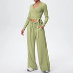 Women Yoga 3 Piece Set Halter Crop Top Wide Leg Pants Long Sleeve Top Activewear Workout Outfits Lounge Sports Gym Clothing