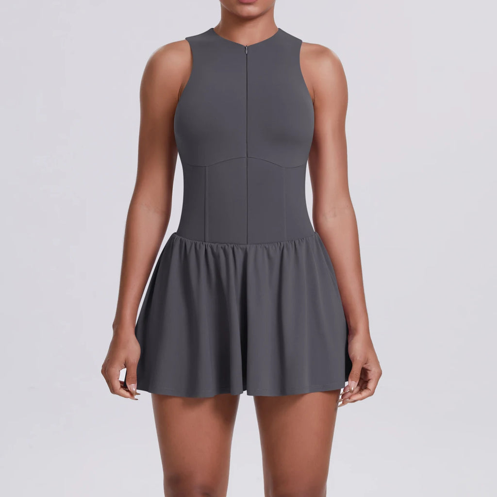 Women's High Quality Sleeveless Tennis Dress with Zippered Skirt Outdoor Running and Sliding Straps